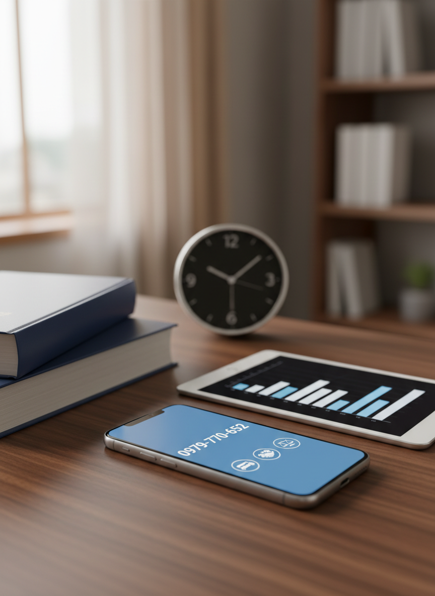 A close-up, photographic scene of a legal and consulting desk set up for a quick telephone consultation. A modern smartphone lies on a dark wooden surface, its screen displaying a clean interface where the phone number 0979-770-652 is prominently visible, alongside neutral icons symbolizing accident mediation, labor disputes, and individual legal issues. Surrounding the phone are a neatly stacked law reference book, a slim tablet with abstract bar charts, and a metal desk clock suggesting timely responses. Soft, warm desk-lamp lighting pools around the phone and objects, fading into a gentle bokeh in the background, creating an intimate yet professional atmosphere. Captured from a slightly elevated angle with shallow depth of field, the composition highlights accessibility, speed, and reliability of legal consultation services without ever depicting people or explicit text beyond the number itself.
