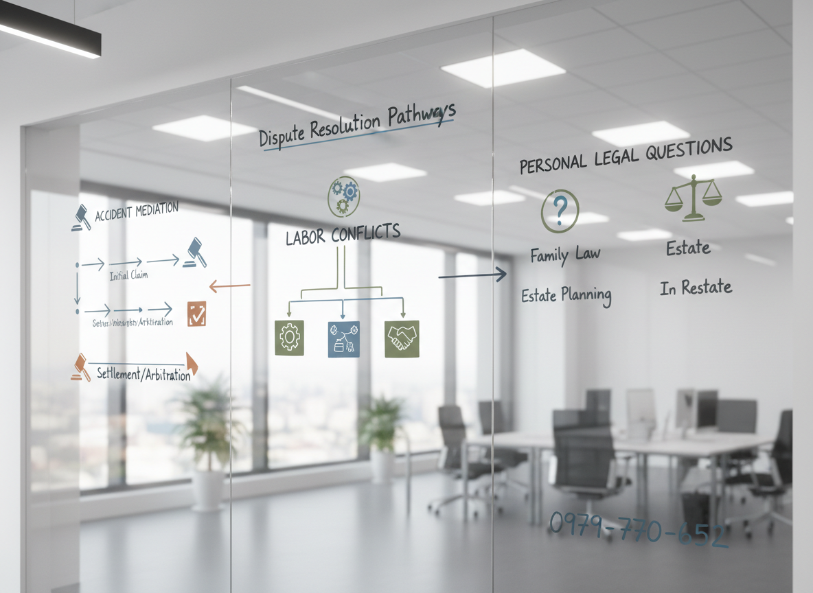 A large glass whiteboard wall in a sleek office, filled with an organized visual roadmap for resolving disputes. Discrete icons and diagrams represent timelines and decision trees for accident mediation, labor conflicts, and personal legal questions, all drawn in clean, muted marker colors. At the bottom right corner of the glass, the phone number 0979-770-652 appears clearly yet tastefully as part of the information layout. Natural daylight streams through adjacent windows, mixing with cool overhead office lighting to create balanced, shadow-free illumination. Shot from a slight angle to show depth, the photographic image captures reflections in the glass, hinting at a broader office environment while remaining free of people. The mood is analytical, forward-looking, and reassuring, emphasizing structured, strategic consulting that keeps businesses operating smoothly.