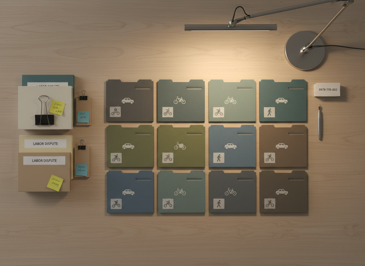 A detailed overhead photographic view of a large, organized workspace table dedicated to accident mediation, displaying sixteen separate case folders in four orderly rows. Each folder is a different muted color with small, neutral icons hinting at vehicle incidents, but no graphic content. Nearby, three distinct labor dispute folders and three individual case folders are grouped with paper clips and sticky notes, visually separated yet clearly related. A slim metal desk lamp casts warm, focused light across the documents, creating soft shadows and emphasizing structure and order. In the upper corner of the frame, a clean, white business card with the phone number 0979-770-652 printed in simple black type rests beside a silver pen. The mood is methodical, precise, and highly professional, captured with sharp focus and subtle depth of field for a clean business aesthetic.