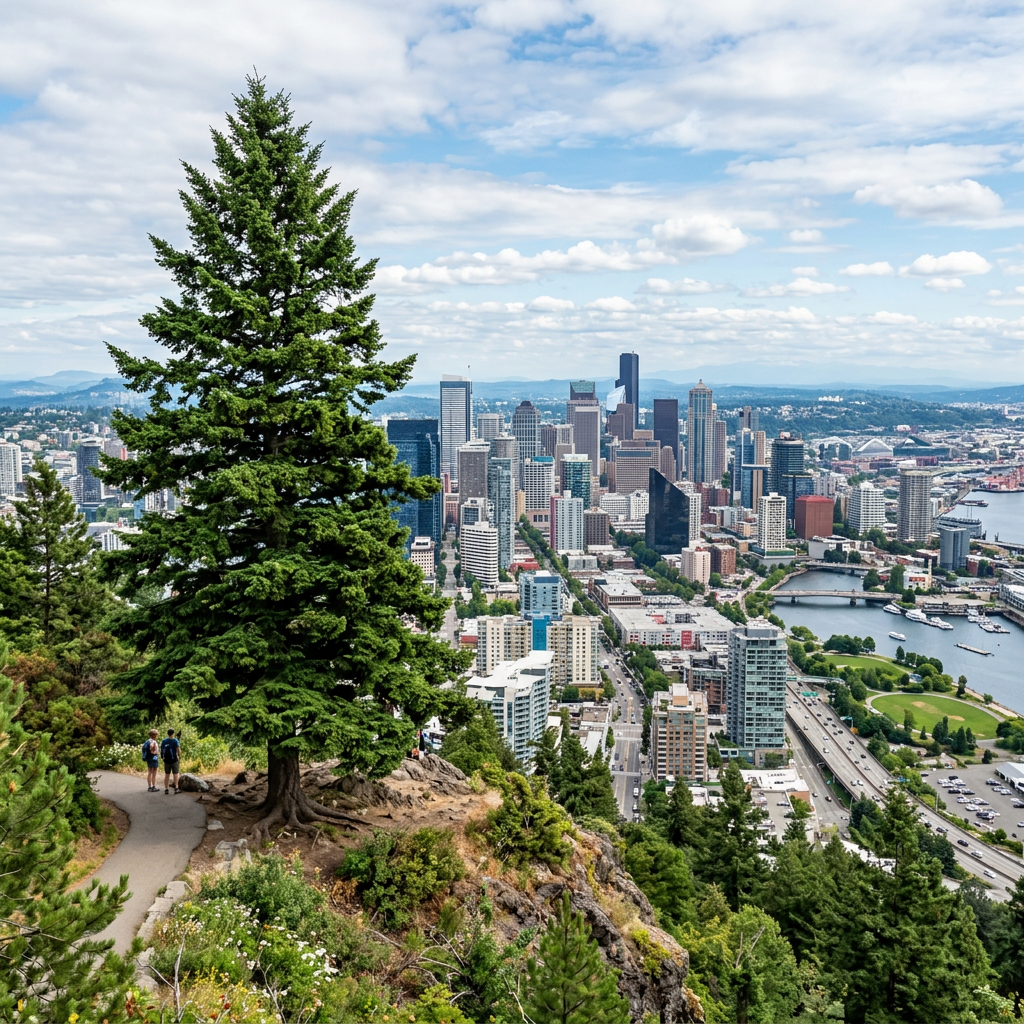 Large evergreen tree on hilltop overlooking city skyline and river