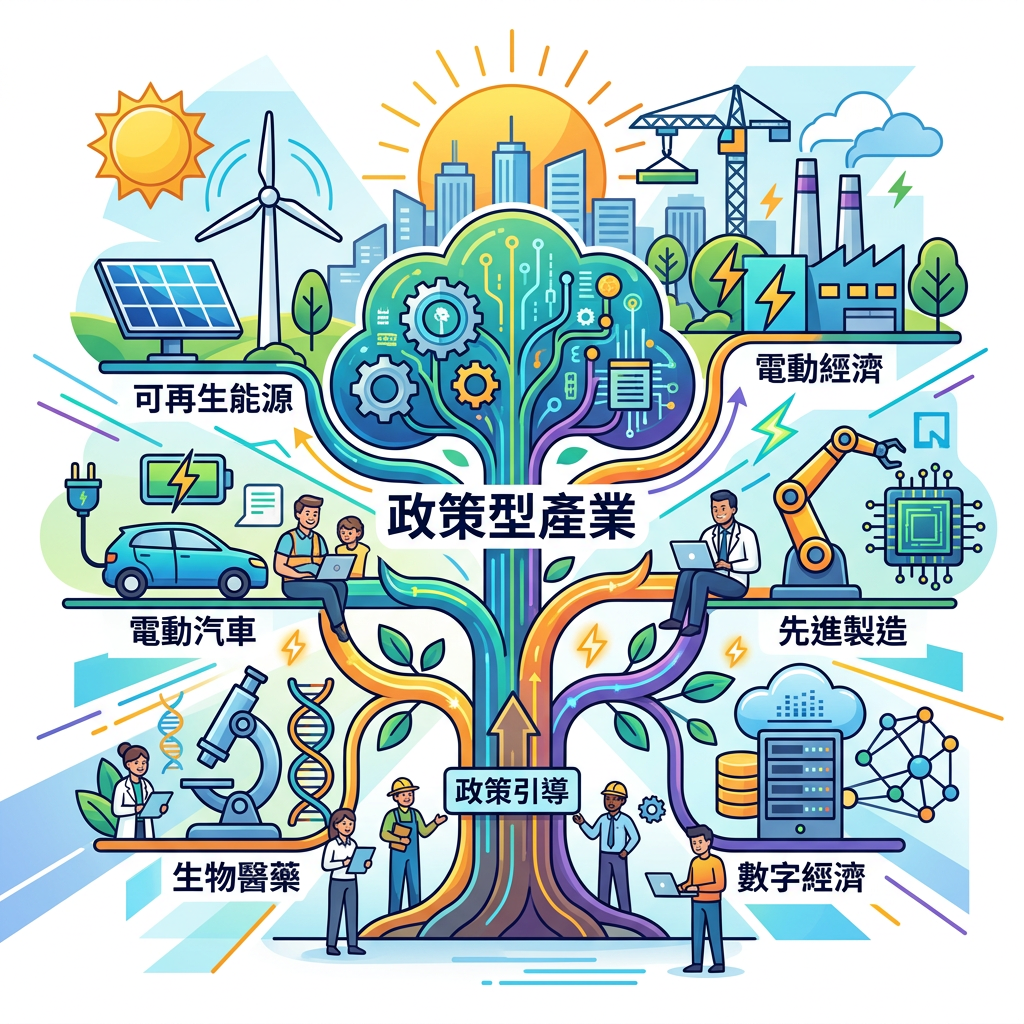 Illustration of a tree representing policy-driven industries, with branches for renewable energy, electric vehicles, biomedicine, electric economy, advanced manufacturing, and digital economy labeled in Chinese.
