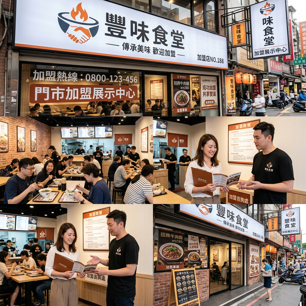 豊味食堂の店舗外観と賑わう店内で食事する人々、フランチャイズ案内をするスタッフと顧客