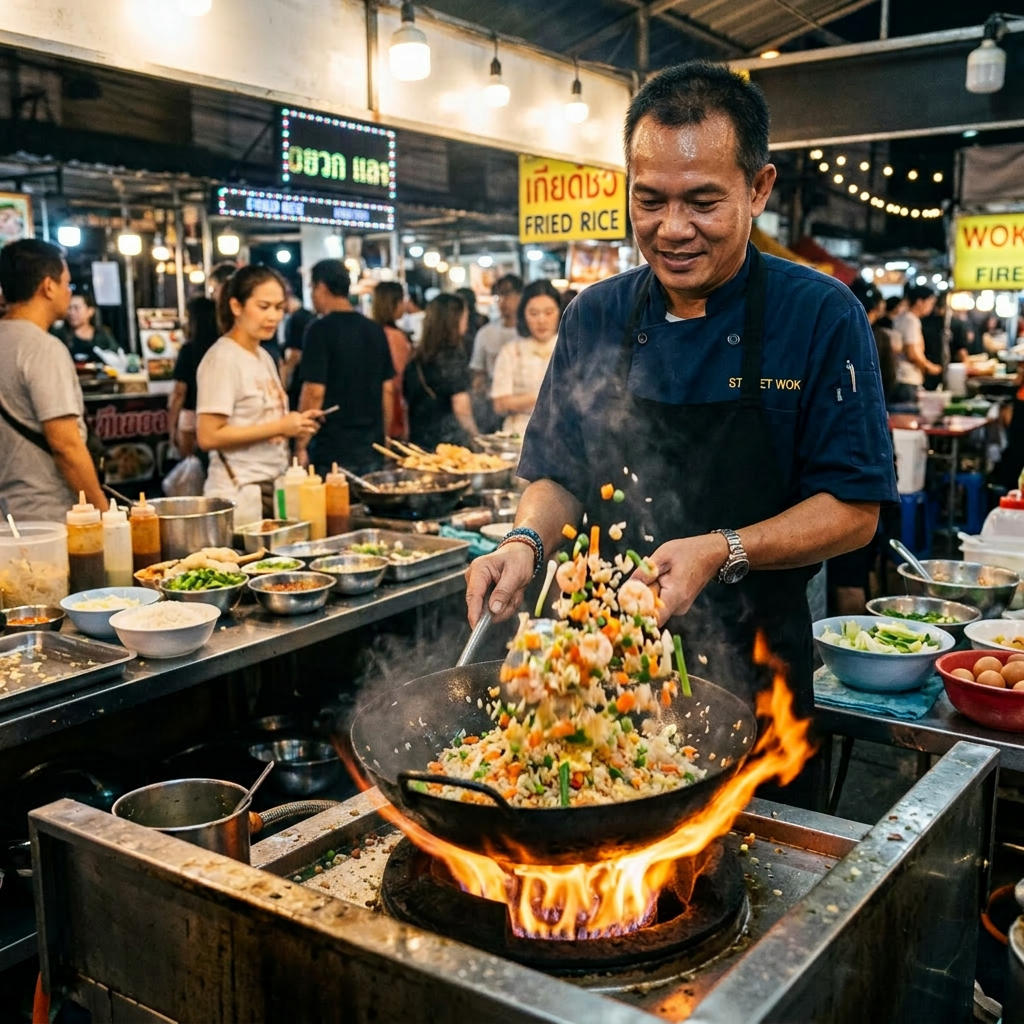 Two chefs stir-frying shrimp and vegetable fried rice in a wok over open flames at a crowded street market stall