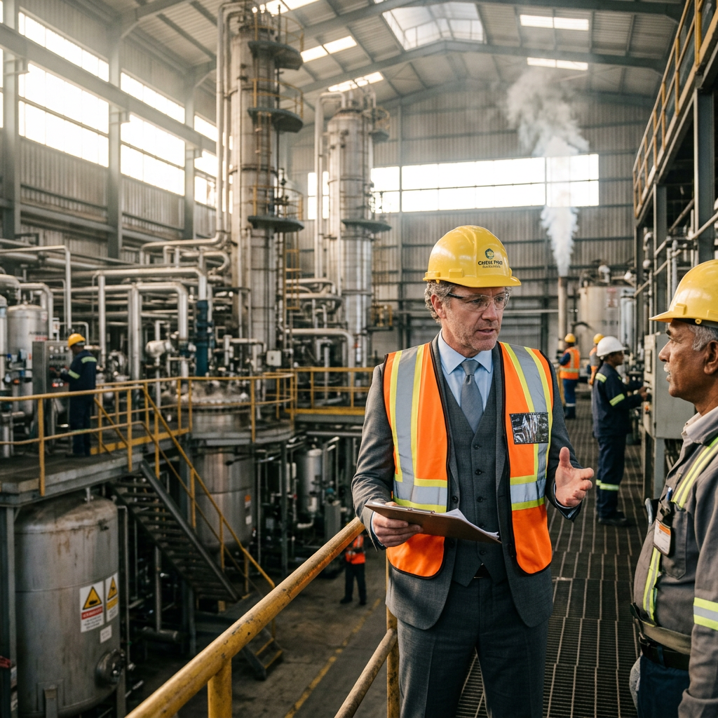 Chemical factory owner overseeing plant