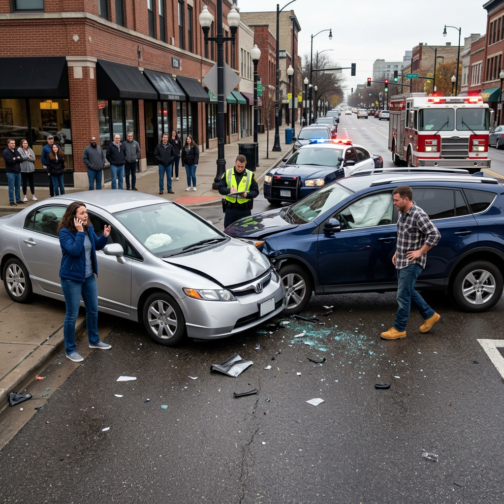 Two cars involved in a collision with police officer and emergency vehicles at the scene