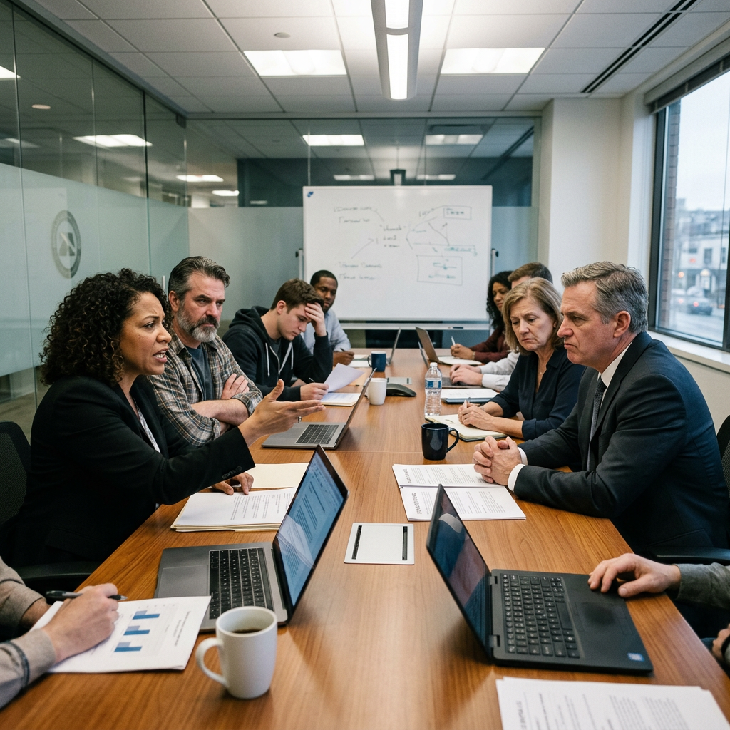 Group of professionals having intense discussion in office meeting