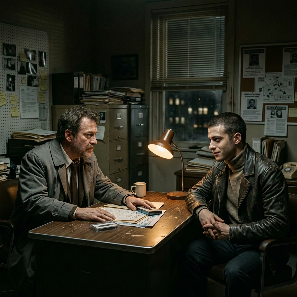 Detective interrogating young man in police office with files and lamp on table