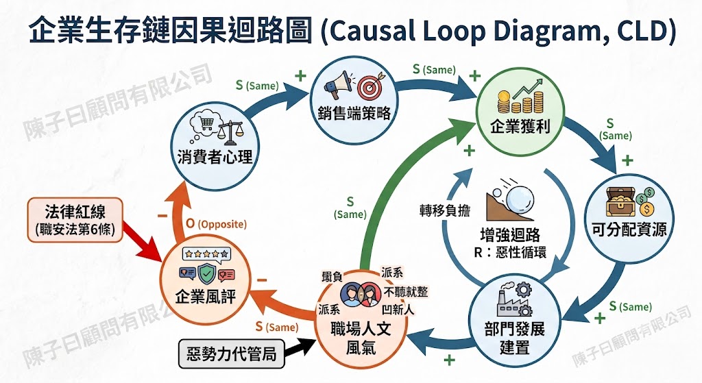 企業生存關鍵因果回路圖，顯示消費者心理、銷售策略、企業獲利及其他因素之間的因果關係，包含法律紅線與企業風評的影響。